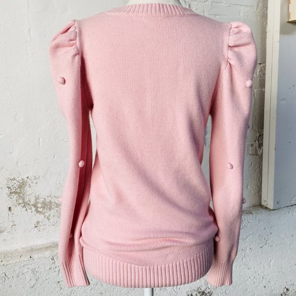 Aaron & Amber Light Pink Puff Sleeve Pom Pom Pullover Sweater (size M) - Picture 6 of 11